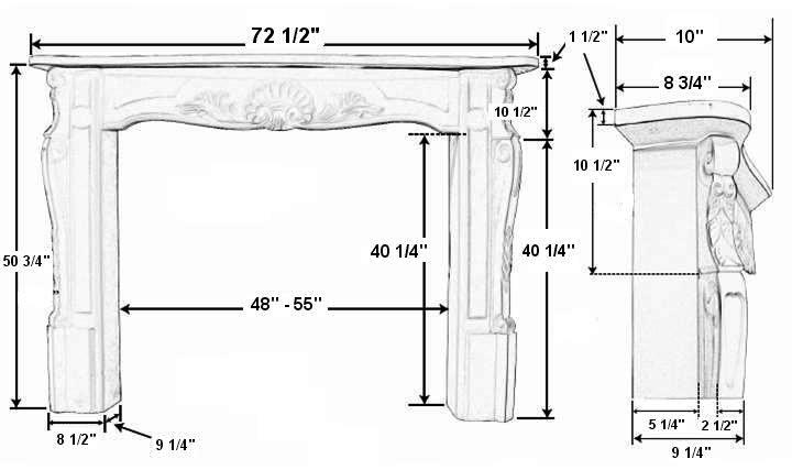 Versailles 72 Plaster Fireplace Mantel - Dimensions